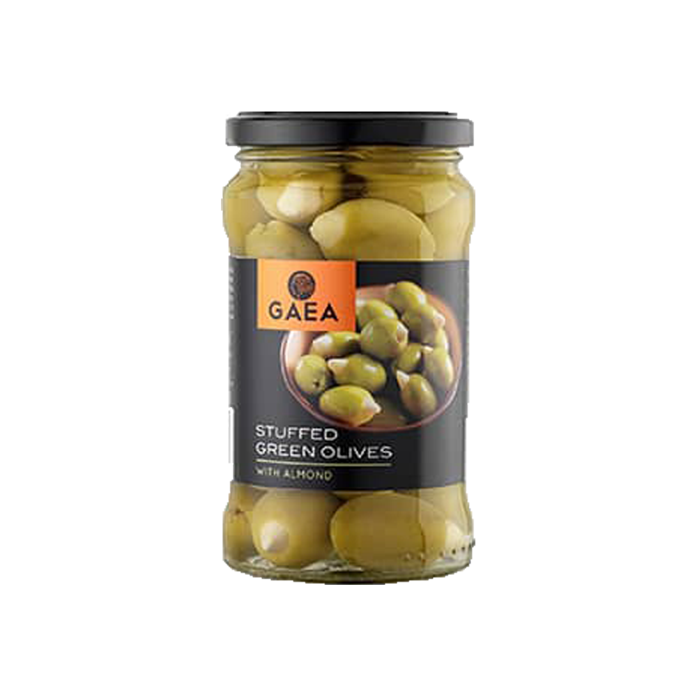 Gaea Green Olives with Almond in Brine, 315 ml.