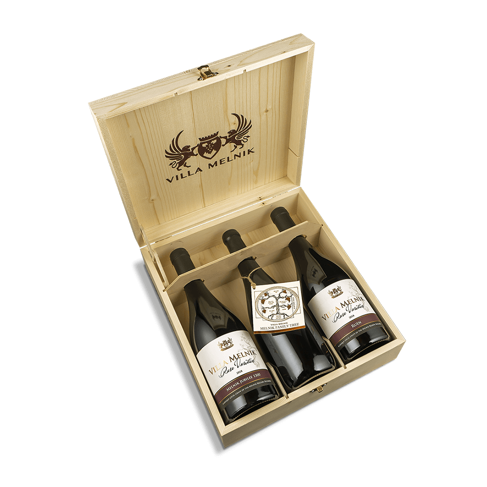 Selection of 3 Villa Melnik Rare Varieties wines in a wooden box