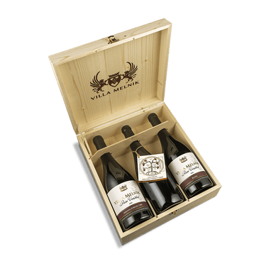 Selection of 3 Villa Melnik Rare Varieties wines in a wooden box